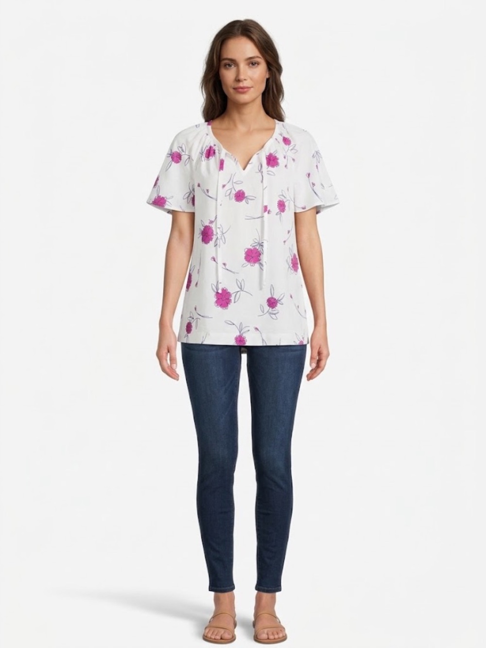Women's White Floral Tie-Front Blouse with Pink Flowers Stretchy Comfy